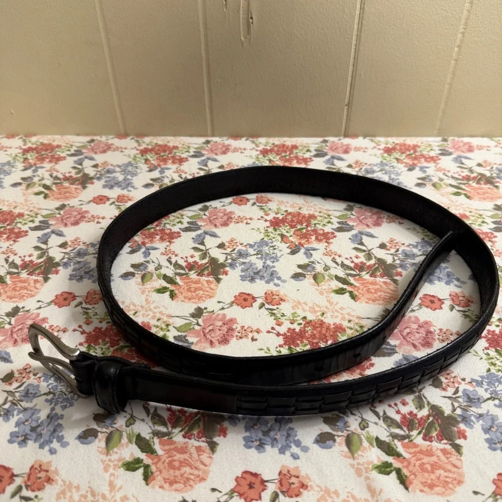 Mens Oil Cow Hide Black Leather Dress Belt Laced‎ Size 40 Silver Buckle Classic